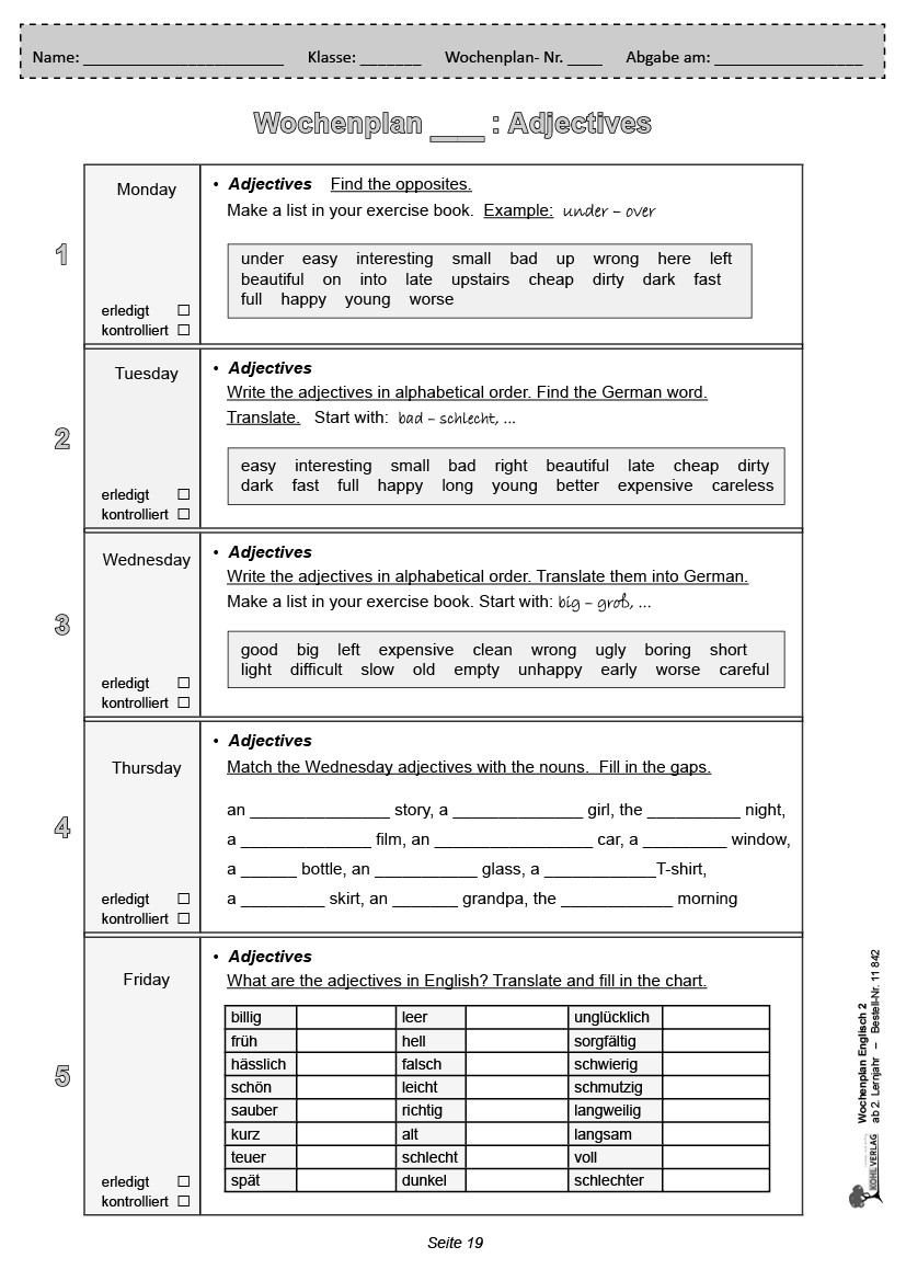 Wochenplan Englisch 2 / ab 2. Lernjahr