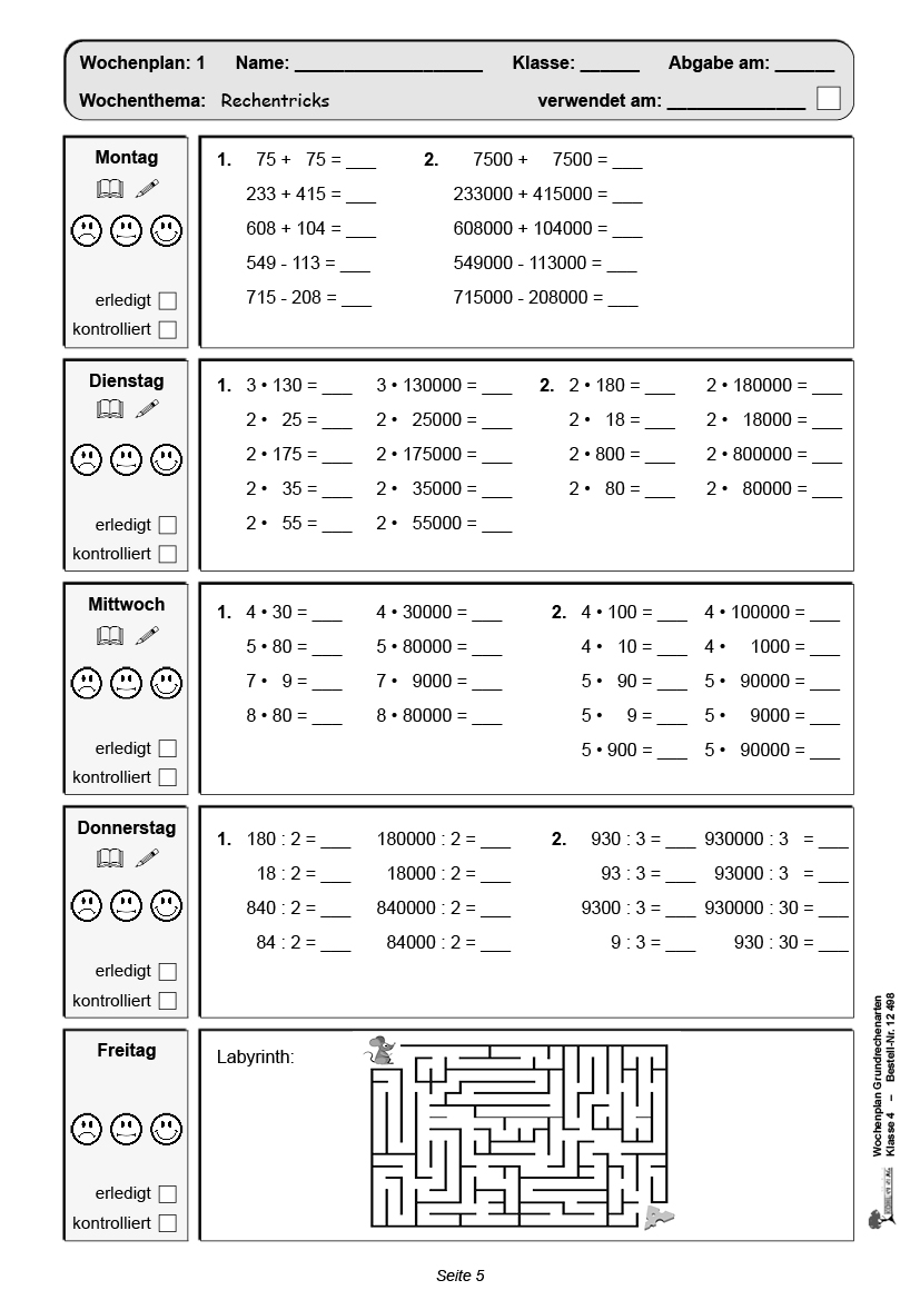 Wochenplan Grundrechenarten / Klasse 4