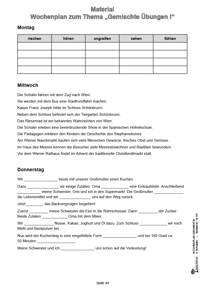 Wochenplan Grammatik / Klasse 5