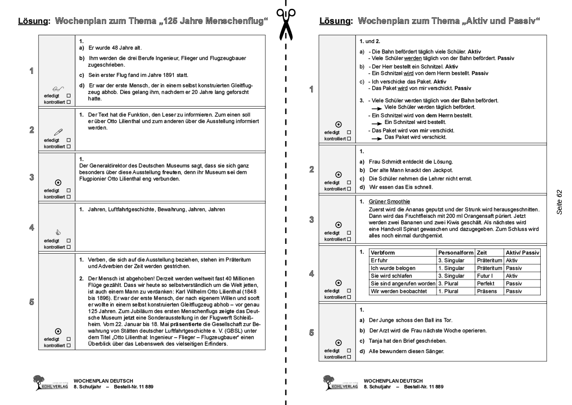 Wochenplan Deutsch / Klasse 8