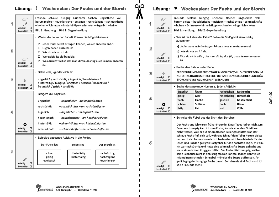 Wochenplan Fabeln / Klasse 5-6