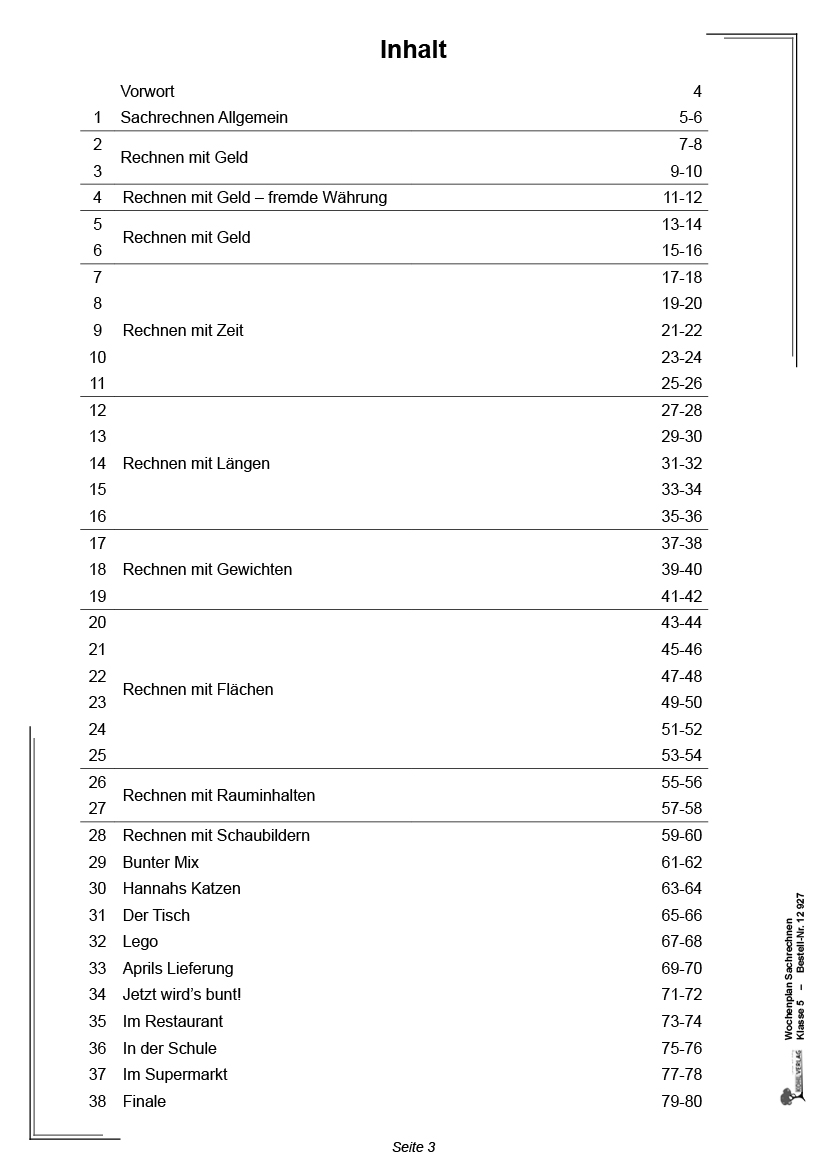 Wochenplan Sachrechnen / Klasse 5