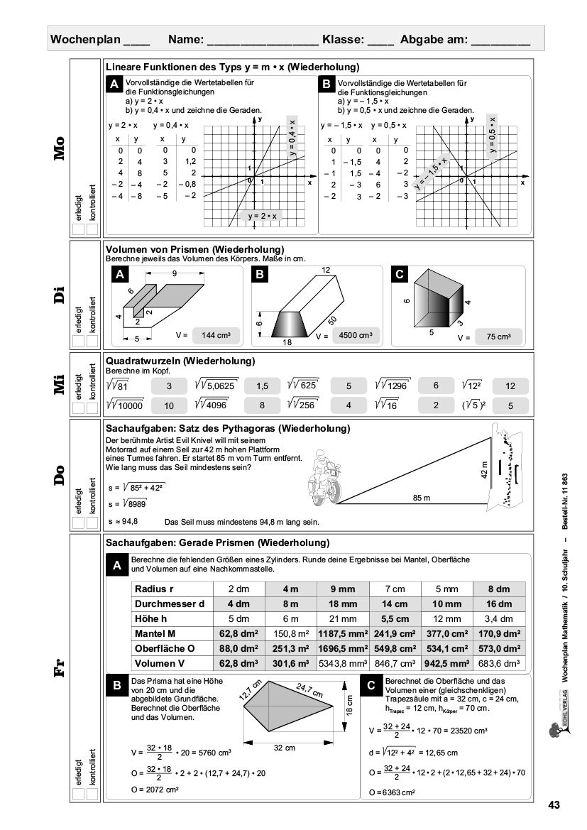 Wochenplan Mathe / Klasse 10