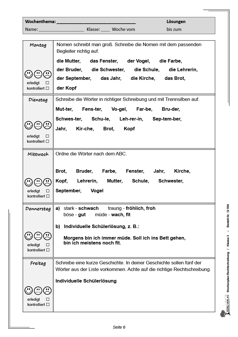 Wochenplan Rechtschreibung / Klasse 3