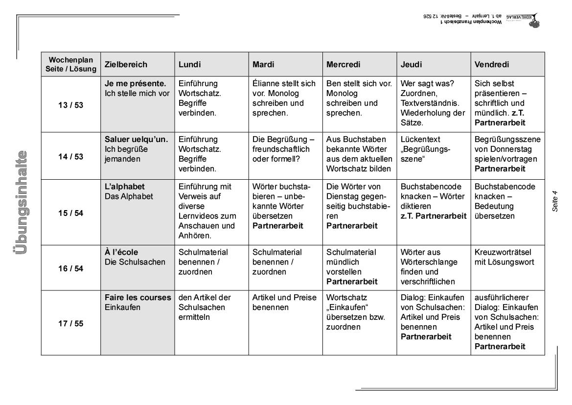 Wochenplan Französisch / ab 1. Lernjahr