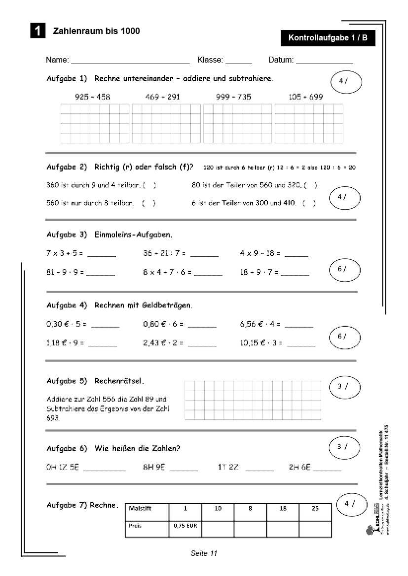 Lernzielkontrollen Mathematik / Klasse 4