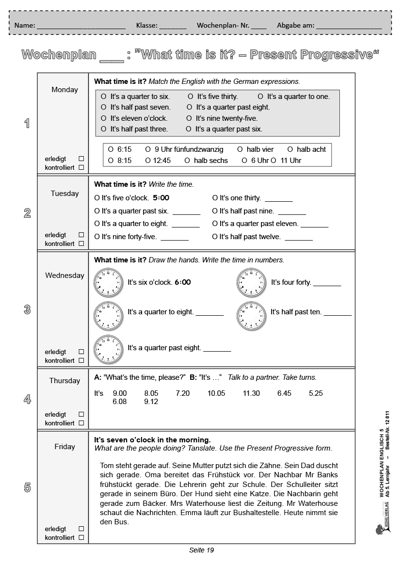 Wochenplan Englisch 5 - Ab 5. Lernjahr