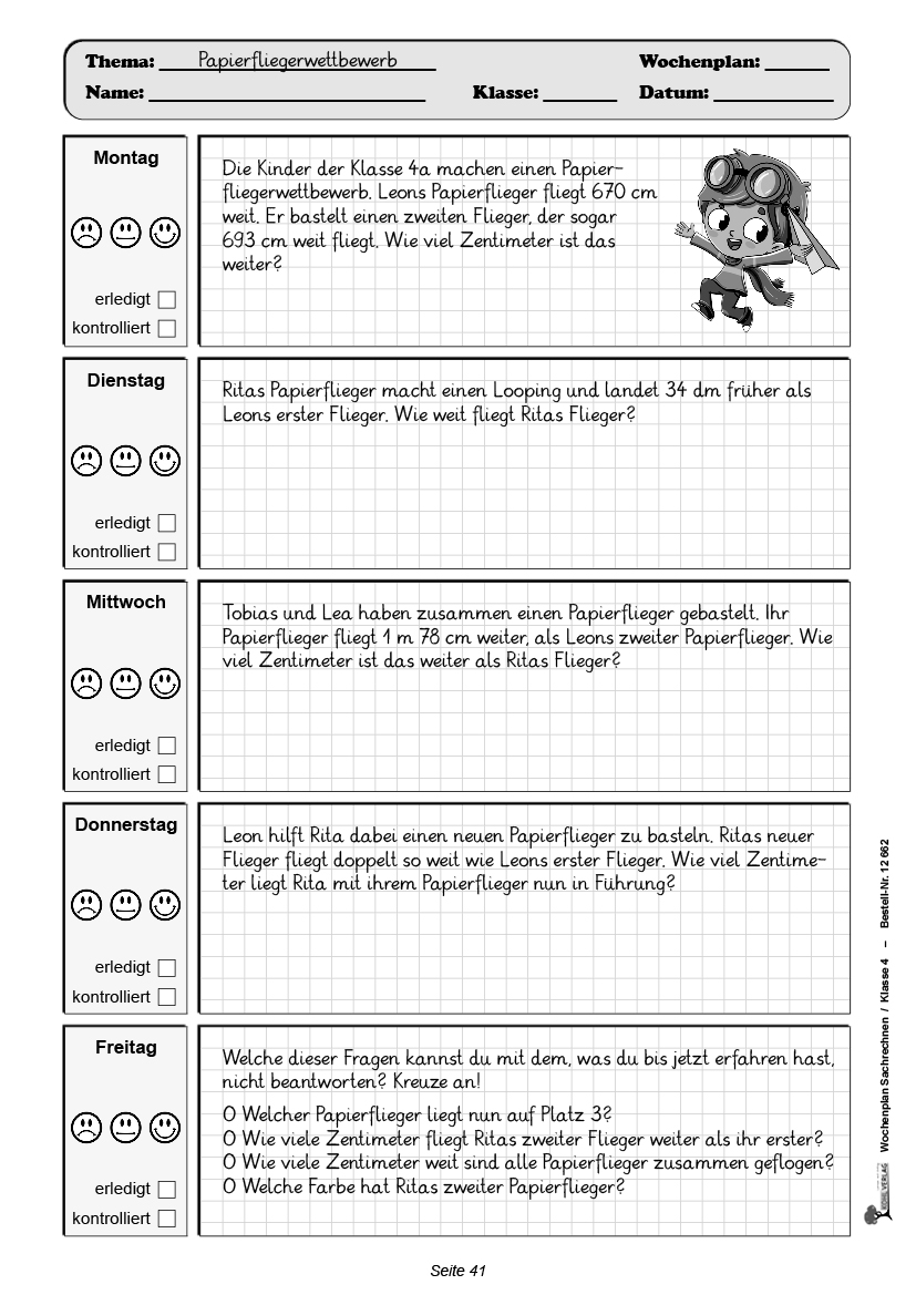 Wochenplan Sachrechnen / Klasse 4