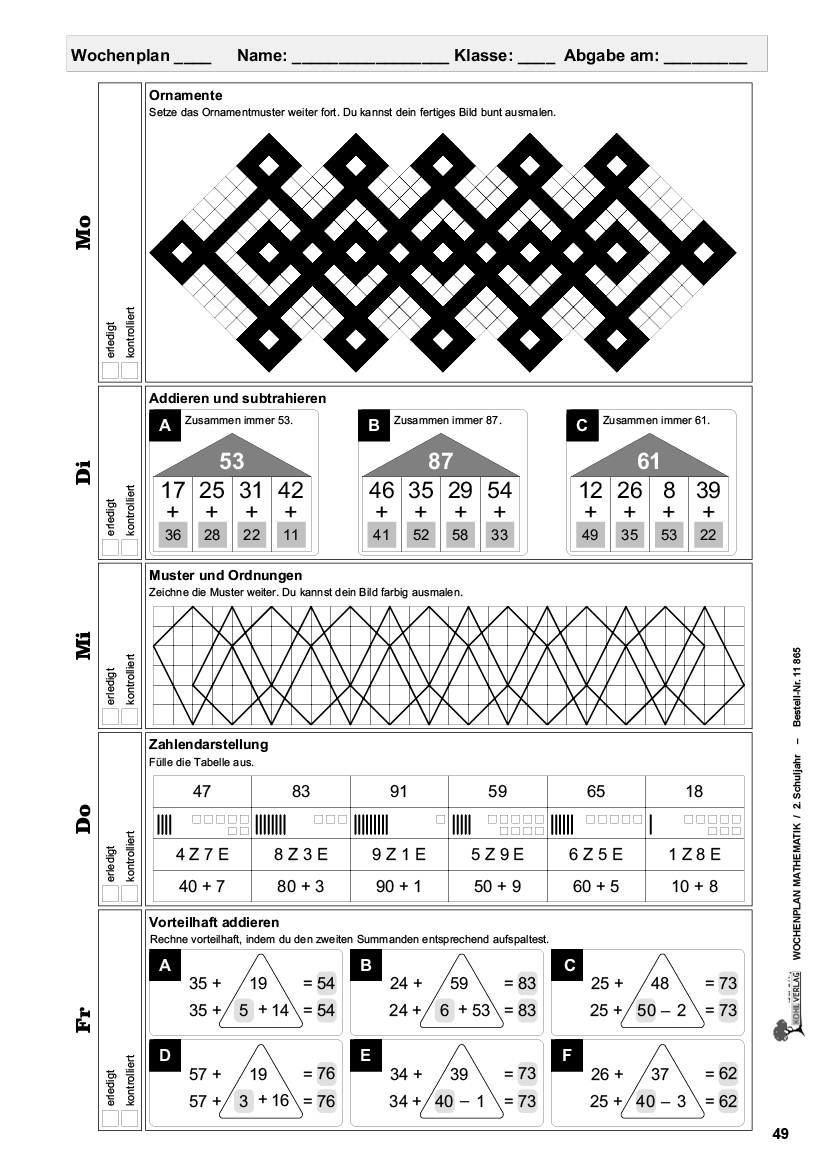 Wochenplan Mathe / Klasse 2