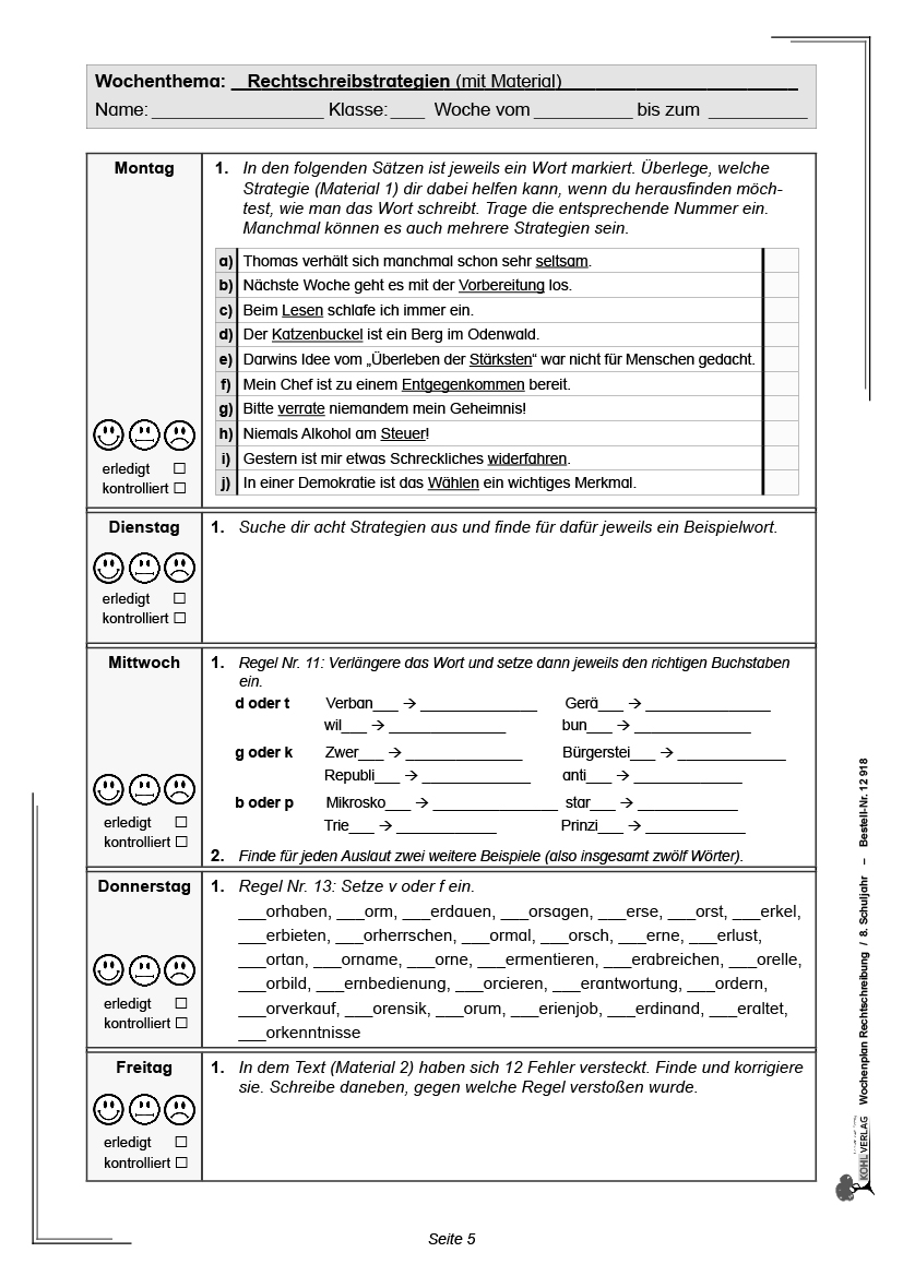 Wochenplan Rechtschreibung / Klasse 8