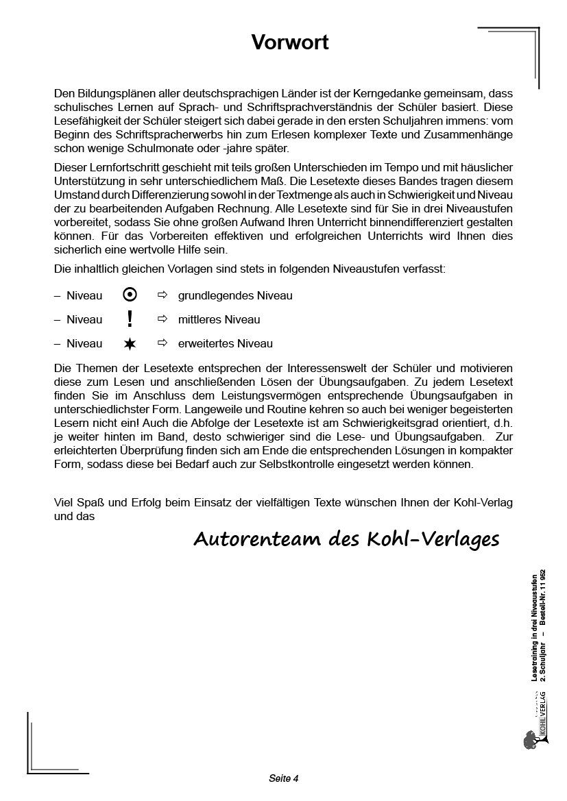 Lesetraining in drei Niveaustufen / Klasse 2