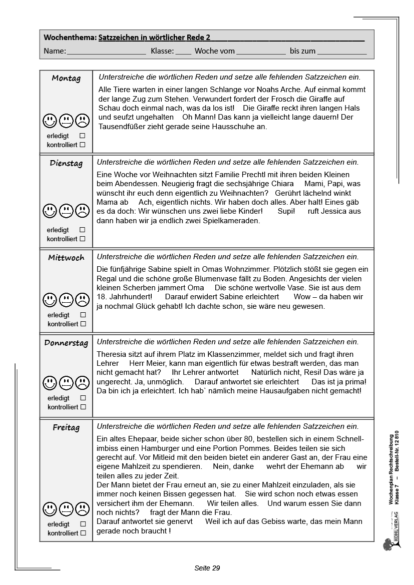 Wochenplan Rechtschreibung / Klasse 7