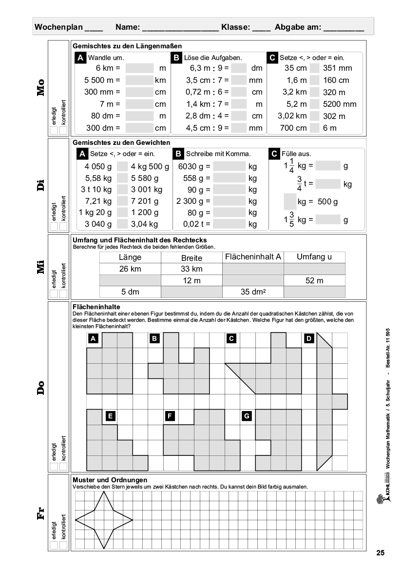Wochenplan Mathe / Klasse 5