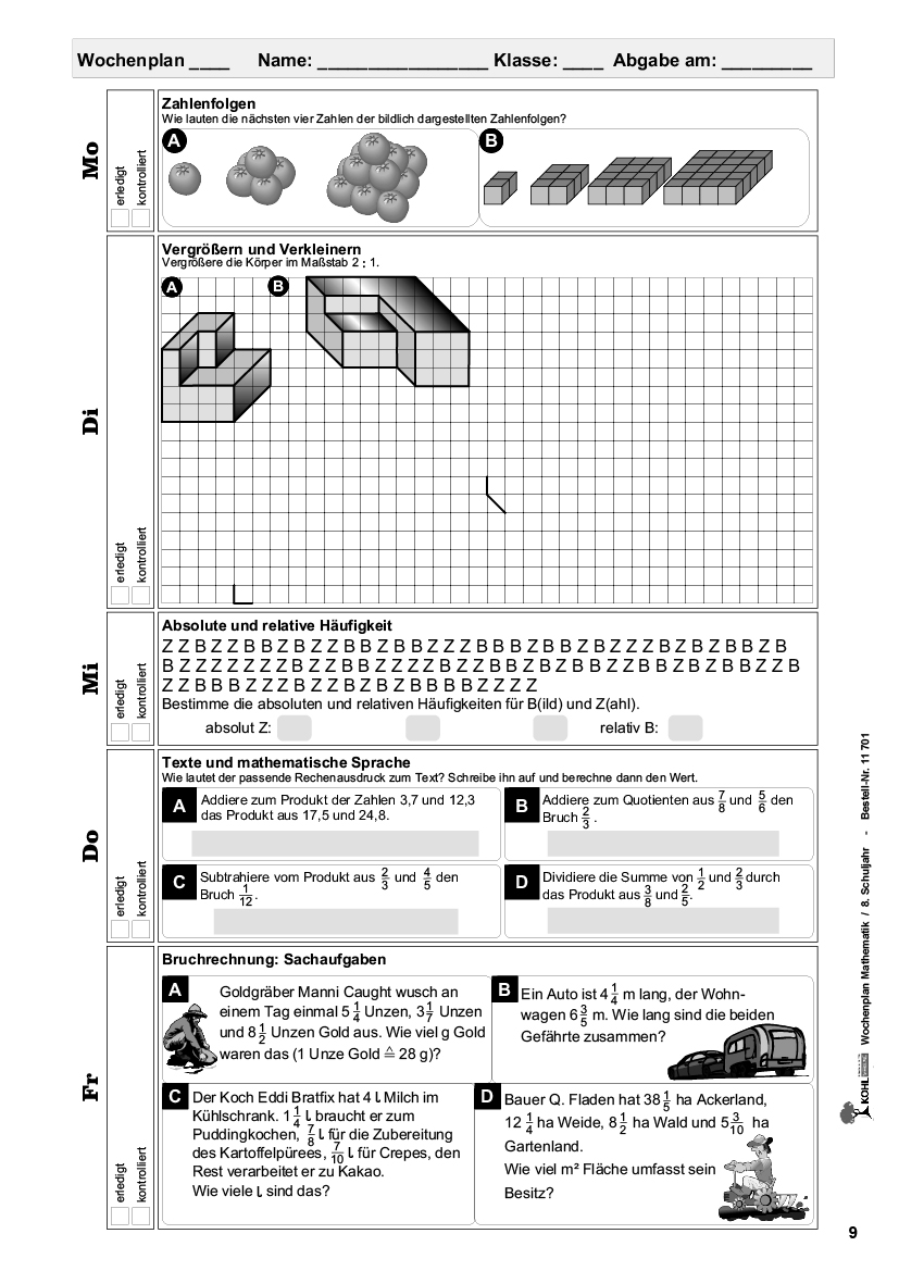 Wochenplan Mathe / Klasse 8