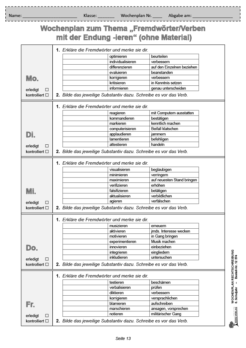 Wochenplan Rechtschreibung / Klasse 6