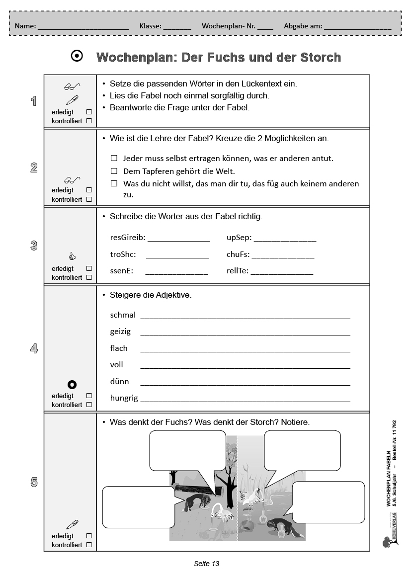 Wochenplan Fabeln / Klasse 5-6