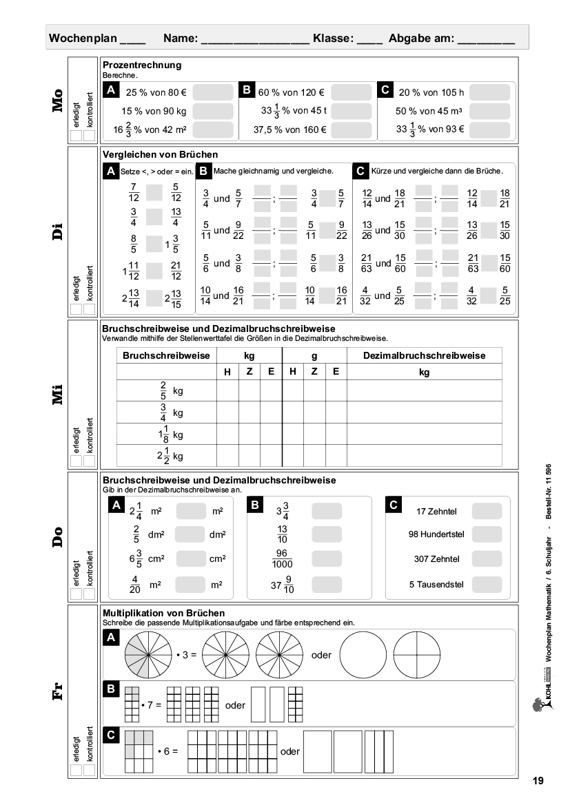 Wochenplan Mathe / Klasse 6