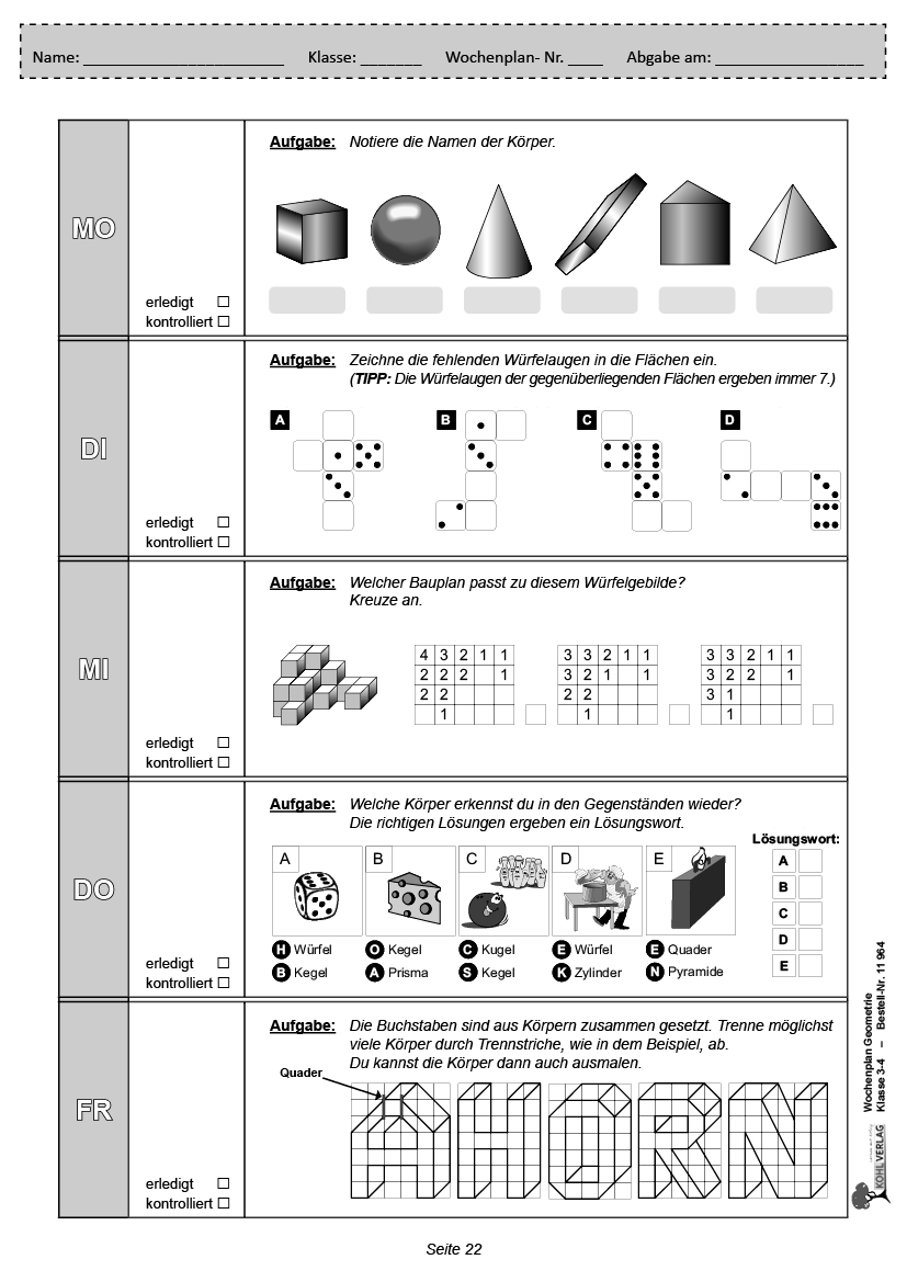 Wochenplan Geometrie / Klasse 3-4