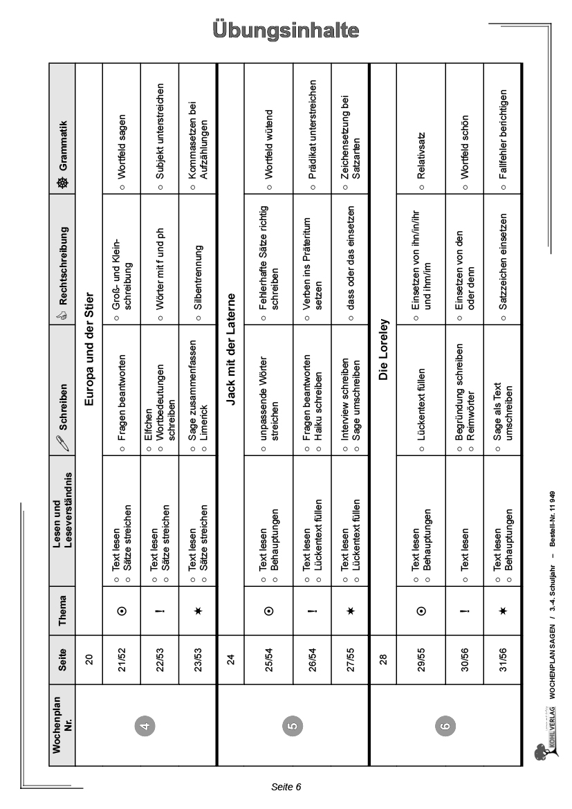 Wochenplan Sagen / Klasse 3-4