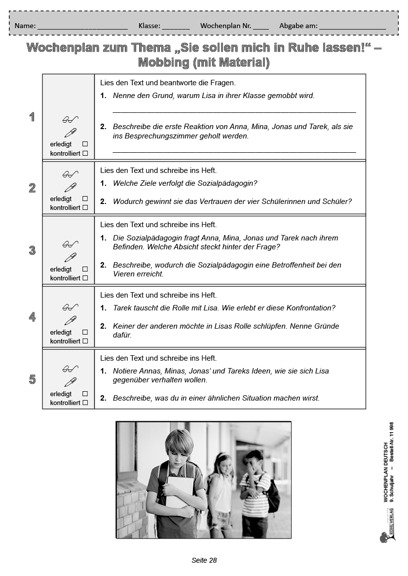 Wochenplan Deutsch / Klasse 9 - Jede Woche übersichtlich auf einem Bogen! (9. Schuljahr)