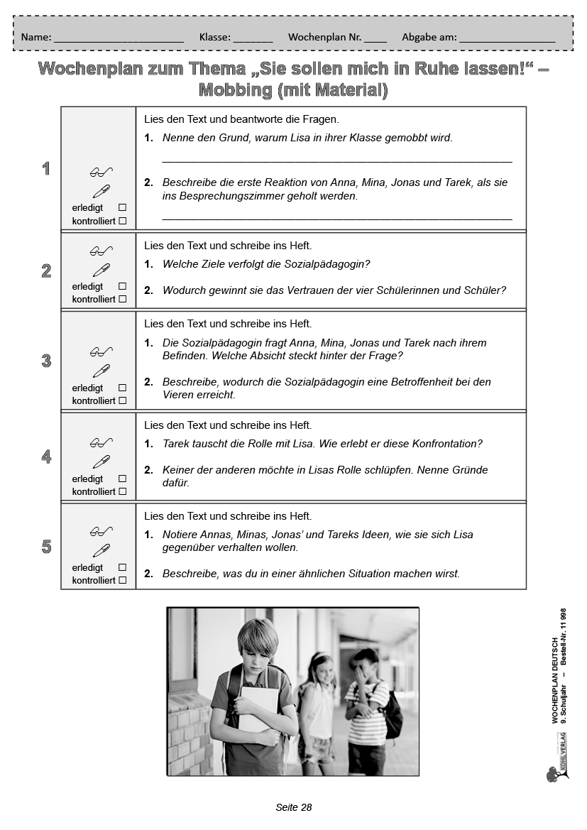 Wochenplan Deutsch / Klasse 9