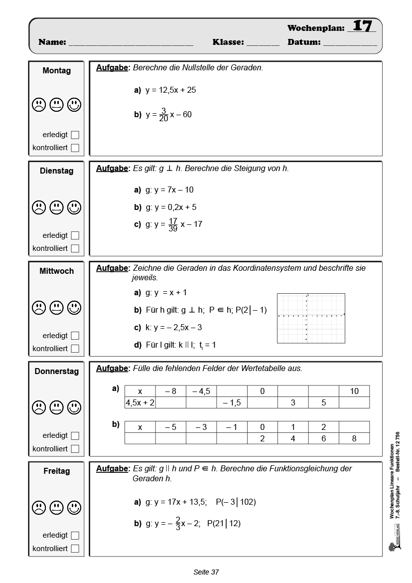 Wochenplan Lineare Funktionen / Klasse 7-8