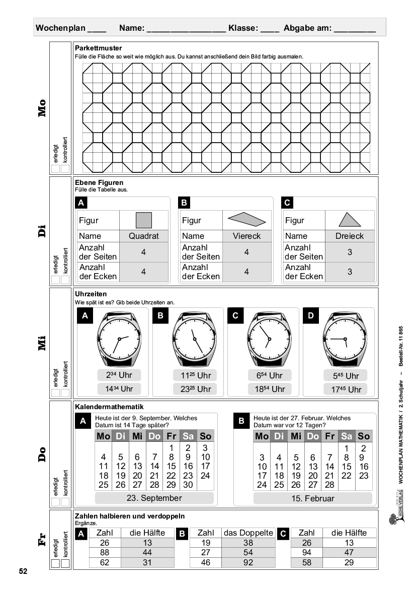 Wochenplan Mathe / Klasse 2