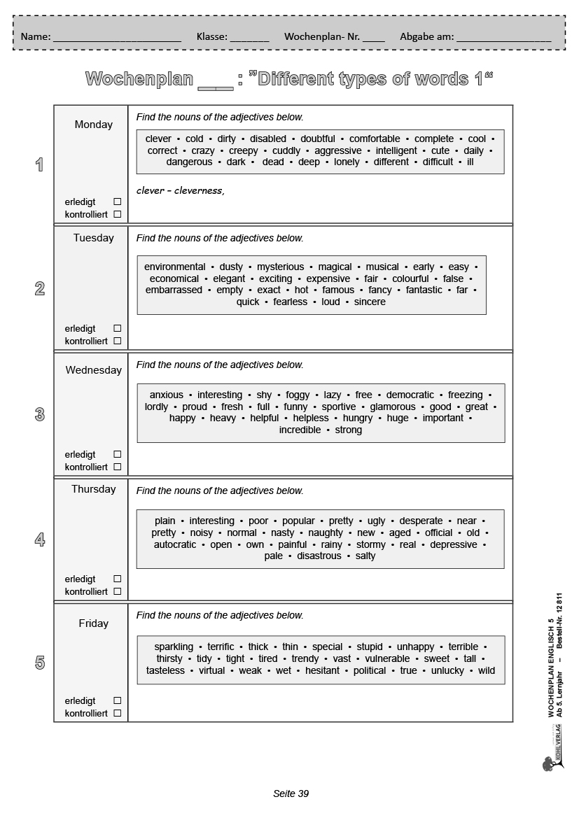 Wochenplan Englisch 5 - Ab 5. Lernjahr