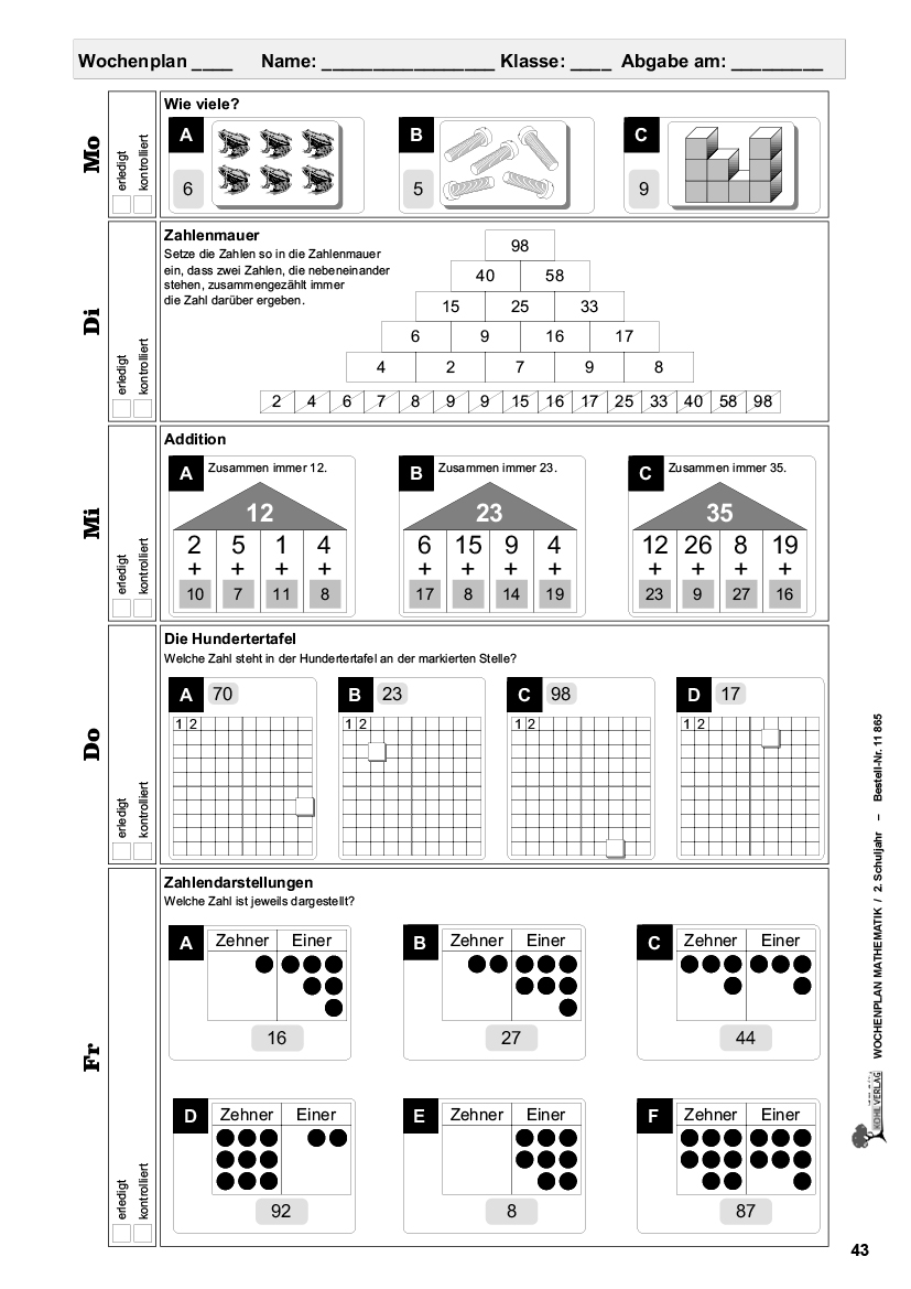 Wochenplan Mathe / Klasse 2