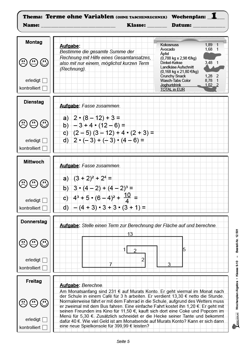 Wochenplan Algebra / Klasse 9-10