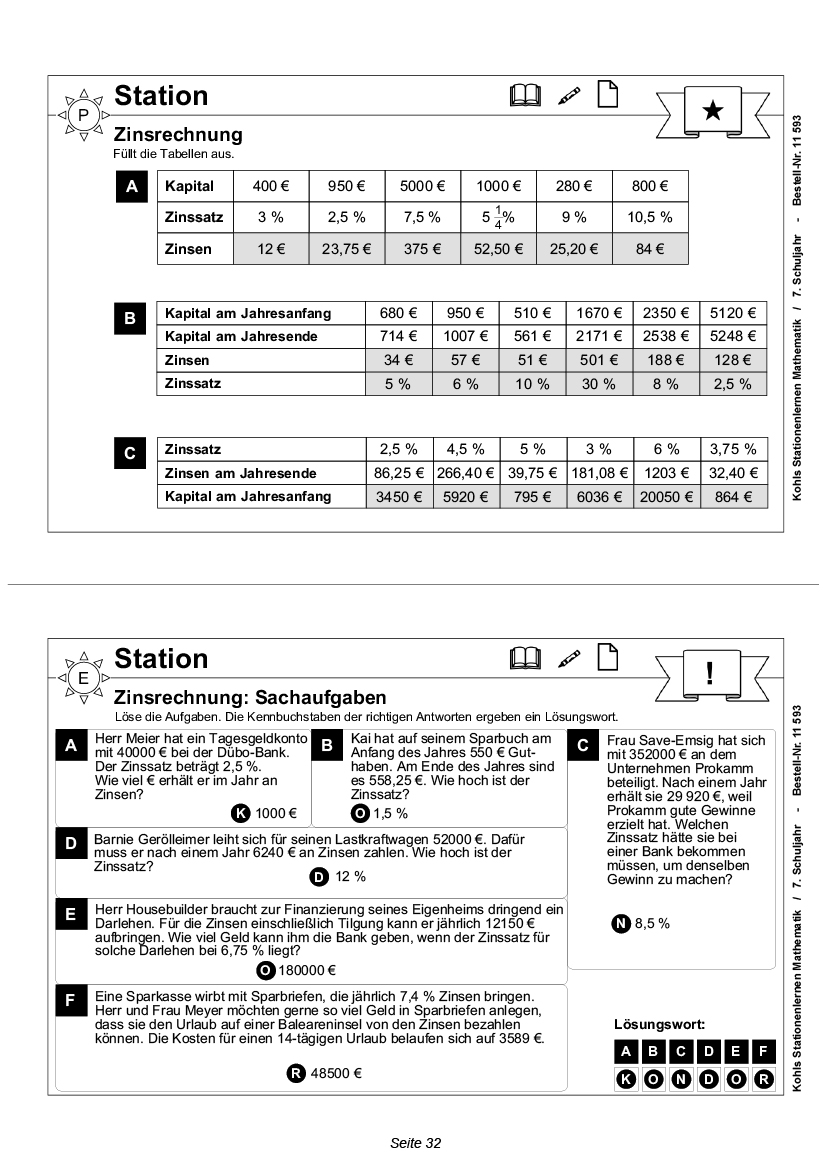 Stationenlernen Mathe / Klasse 7