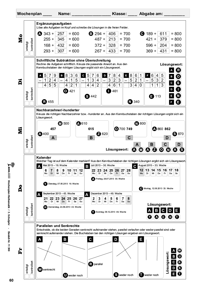 Wochenplan Mathe / Klasse 3