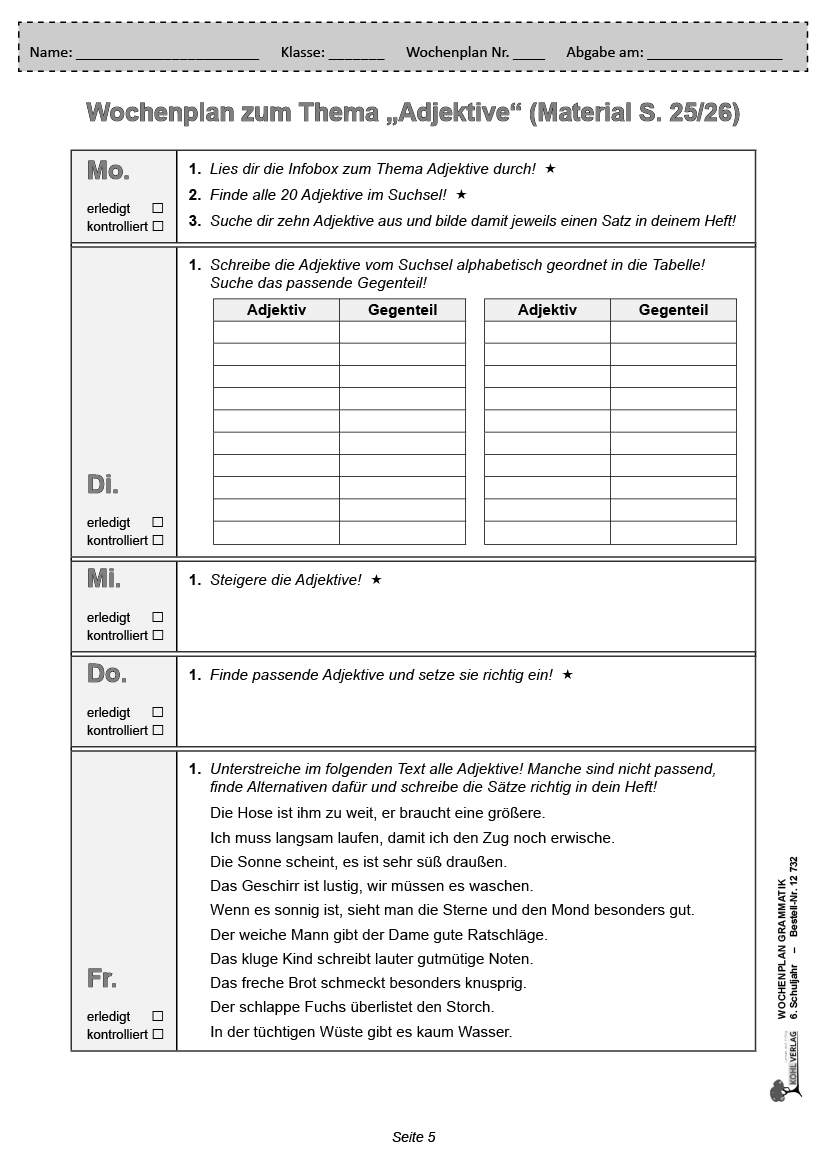 Wochenplan Grammatik / Klasse 6