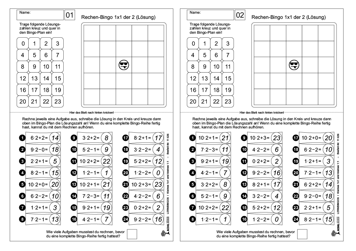 LERNBINGOS - Kleines 1x1 und kleines 1:1