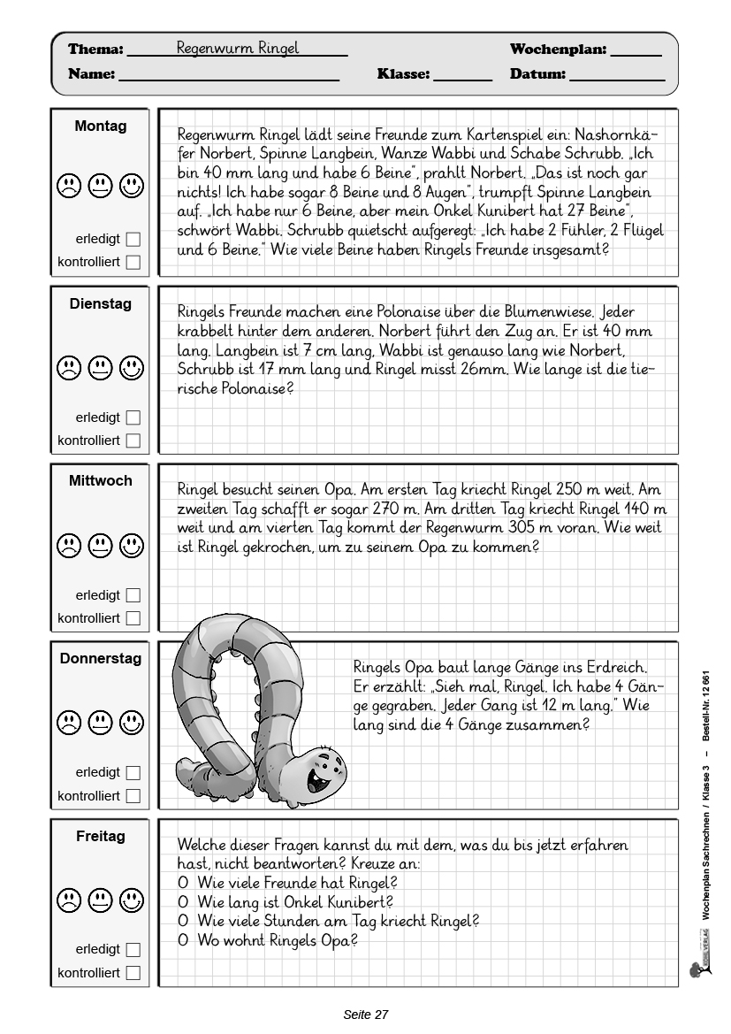 Wochenplan Sachrechnen / Klasse 3