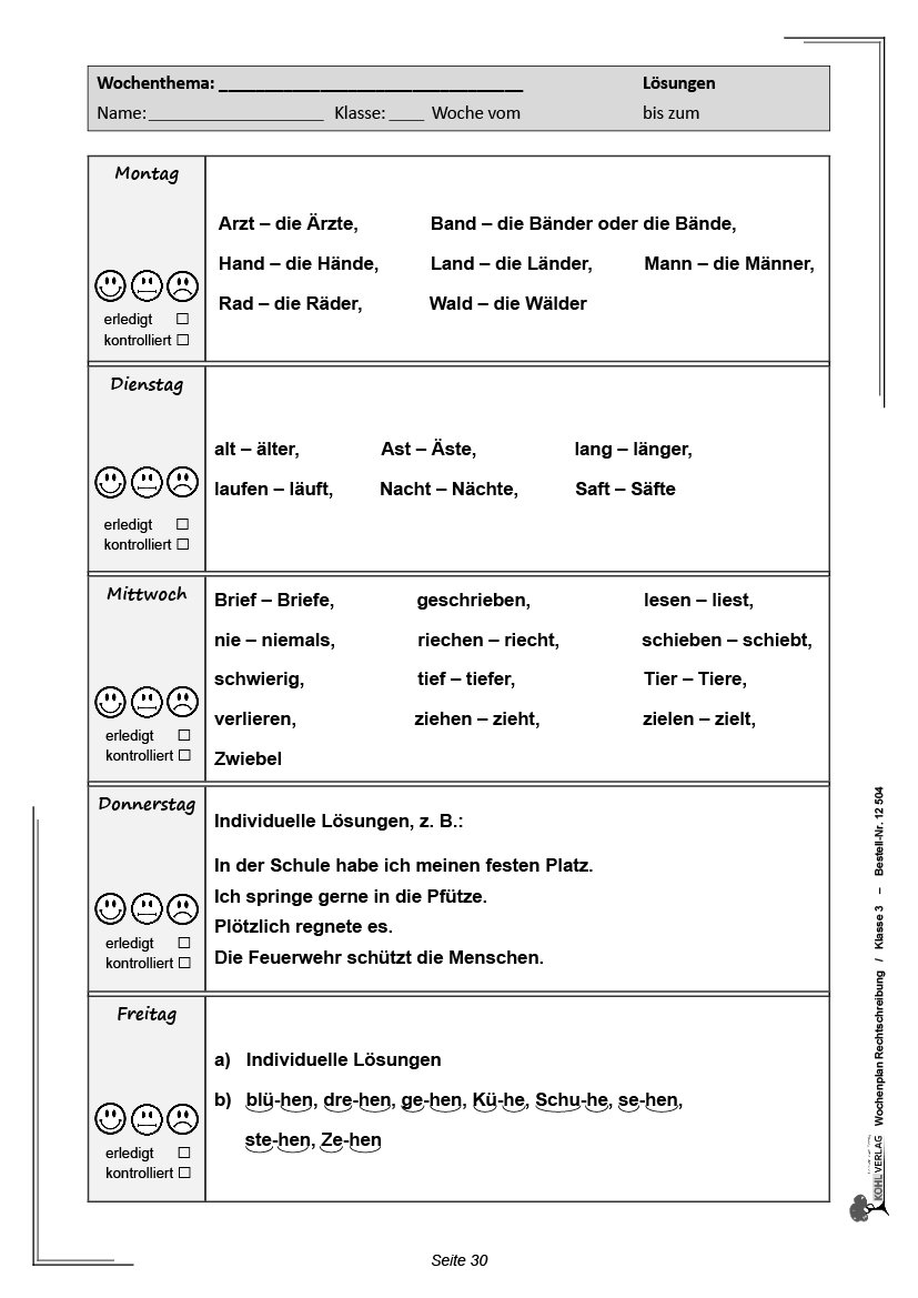 Wochenplan Rechtschreibung / Klasse 3