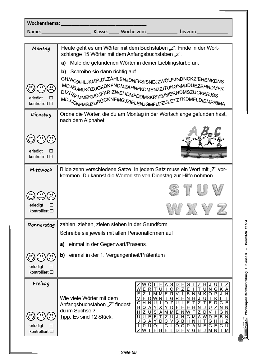 Wochenplan Rechtschreibung / Klasse 3