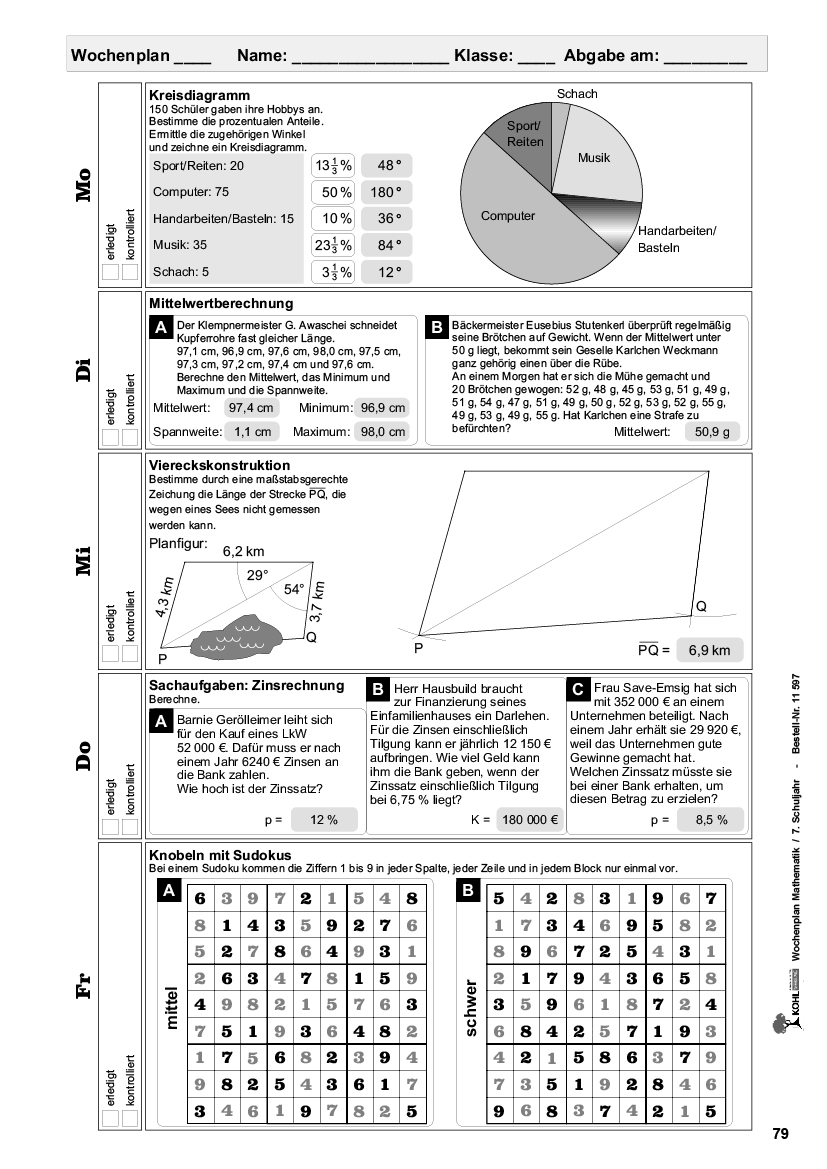 Wochenplan Mathe / Klasse 7