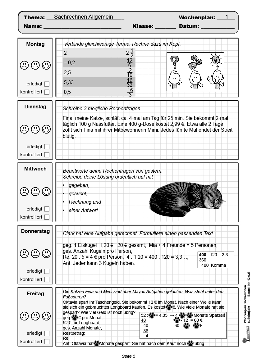 Wochenplan Sachrechnen / Klasse 6