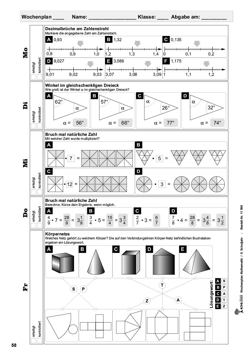 Wochenplan Mathe / Klasse 6