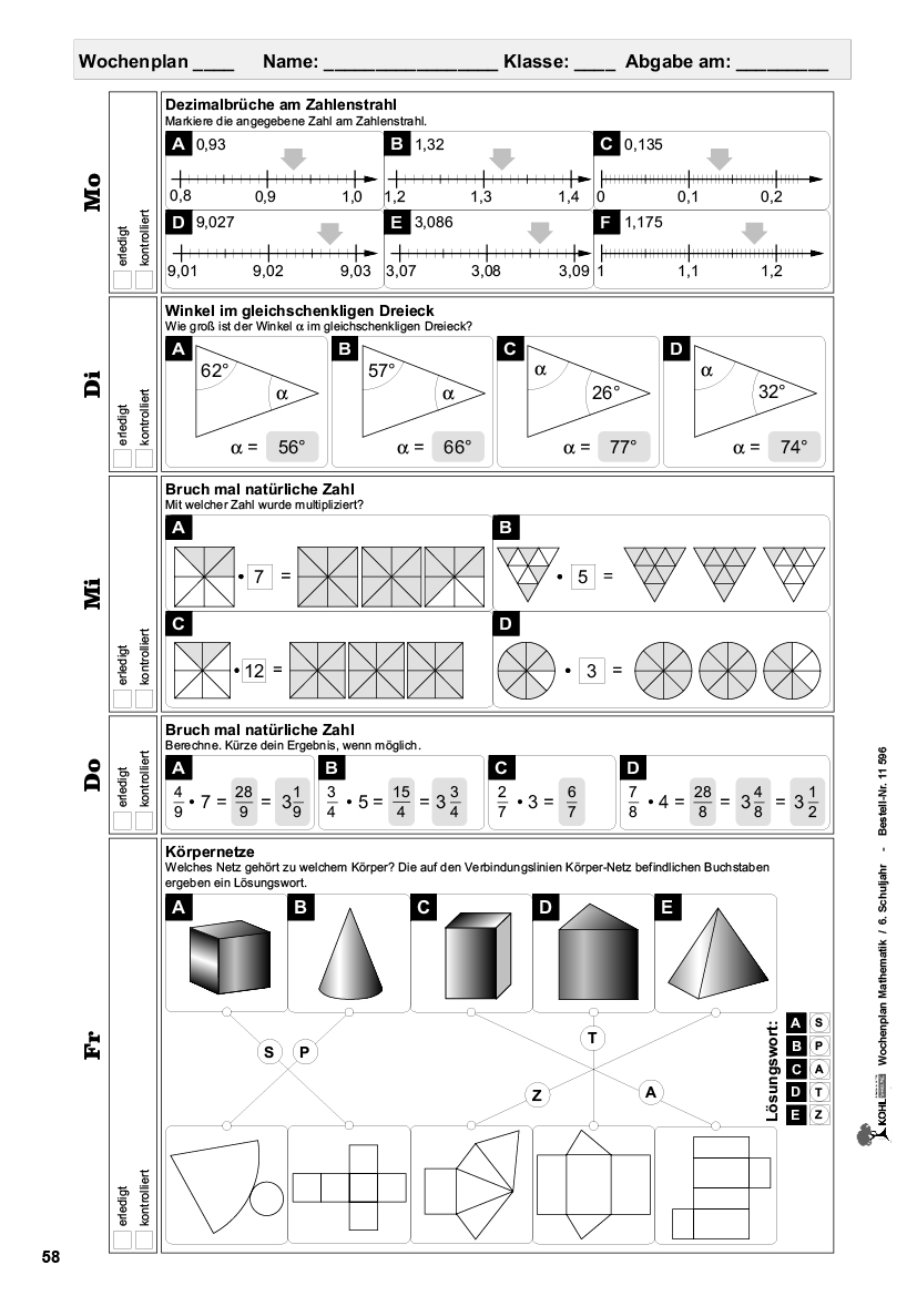 Wochenplan Mathe / Klasse 6