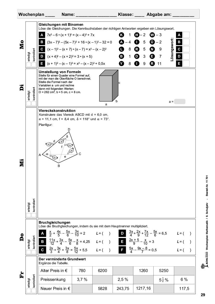 Wochenplan Mathe / Klasse 8