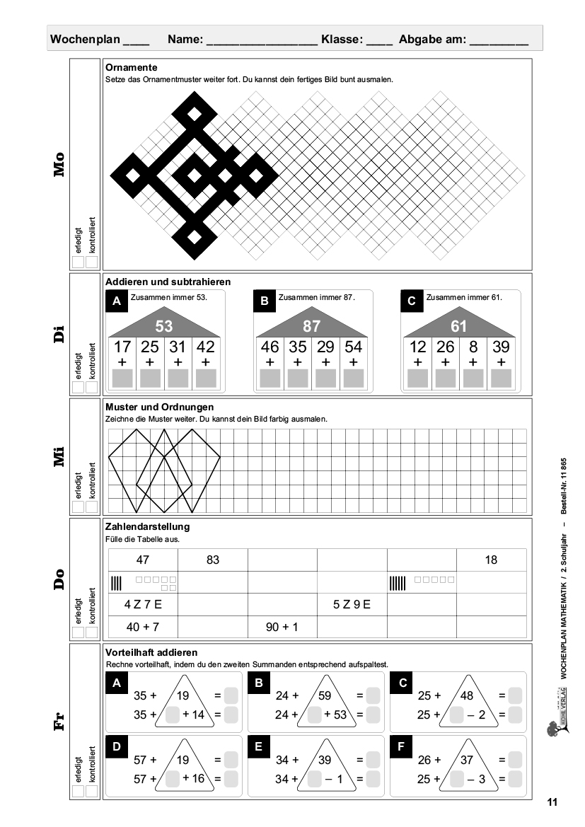 Wochenplan Mathe / Klasse 2