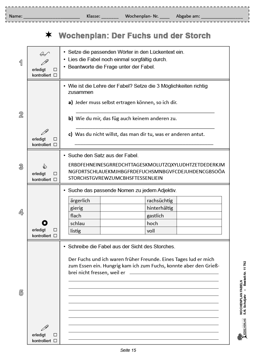 Wochenplan Fabeln / Klasse 5-6