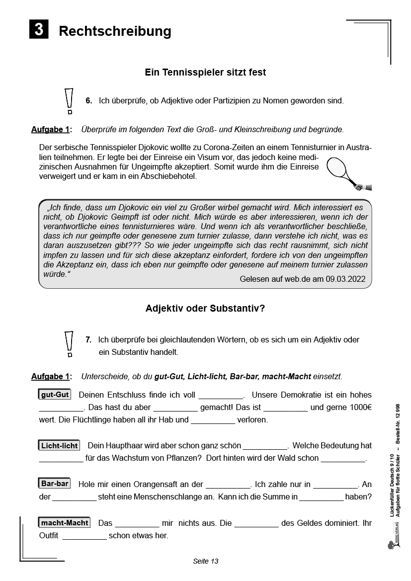 Lückenfüller Deutsch / Klasse 9/10