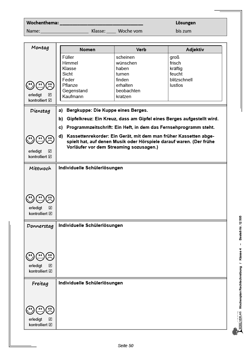 Wochenplan Rechtschreibung / Klasse 4