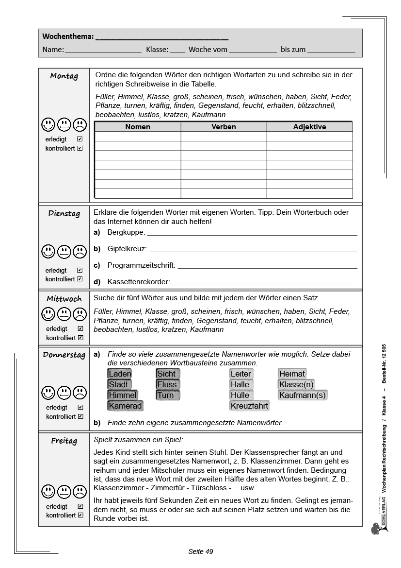 Wochenplan Rechtschreibung / Klasse 4