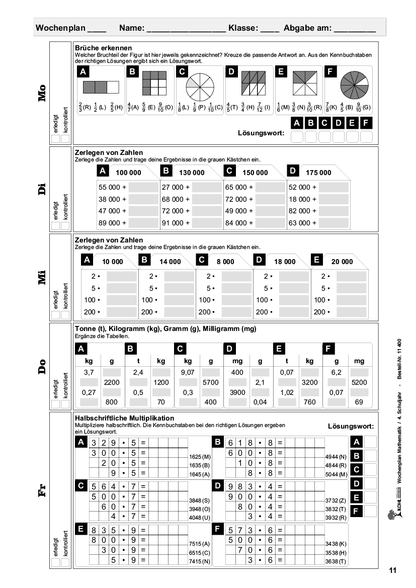 Wochenplan Mathe / Klasse 4