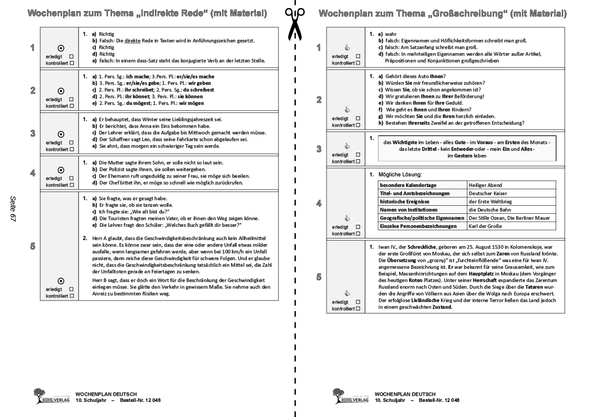 Wochenplan Deutsch / Klasse 10