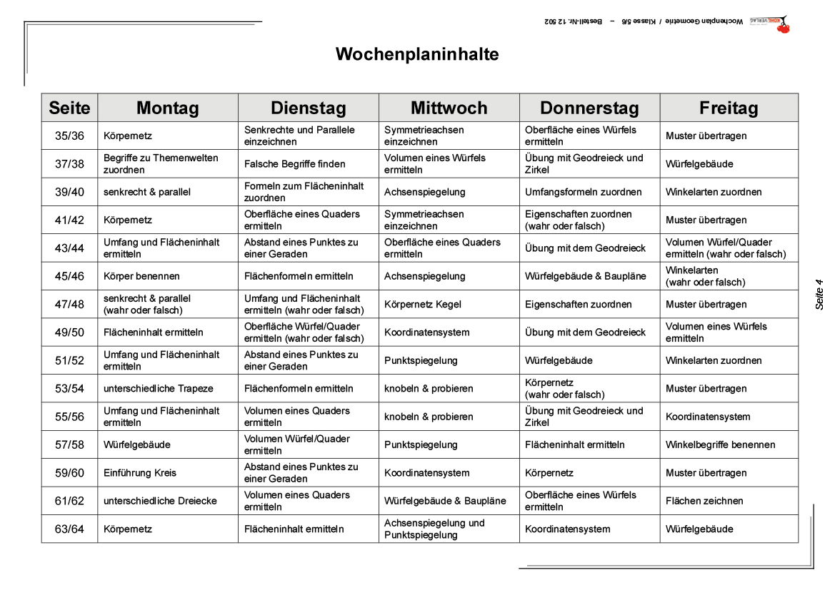 Wochenplan Geometrie / Klasse 5-6